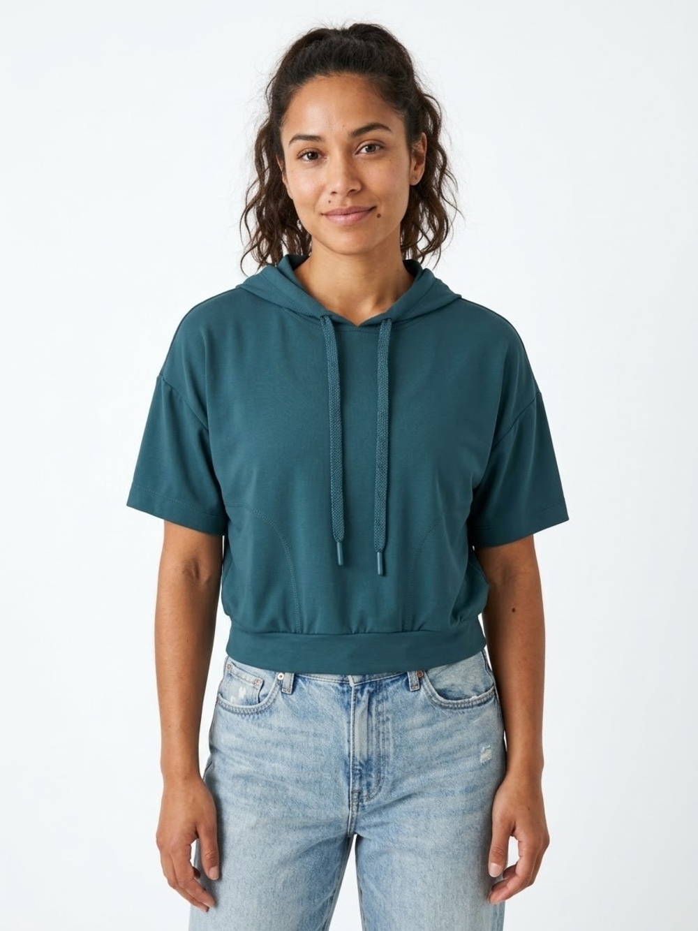 Kyodan Women's Short-Sleeve Cropped Hoodie Teal Sporty Chic